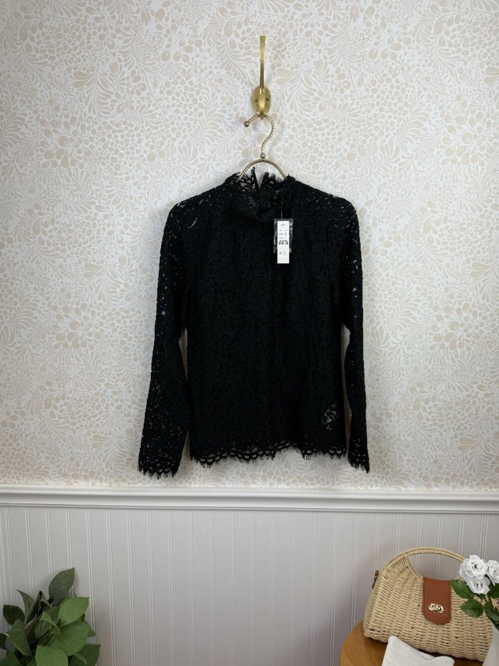 J.Crew Mock Neck Floral Black Lace Long Sleeve Top - Size - 2 - NWT